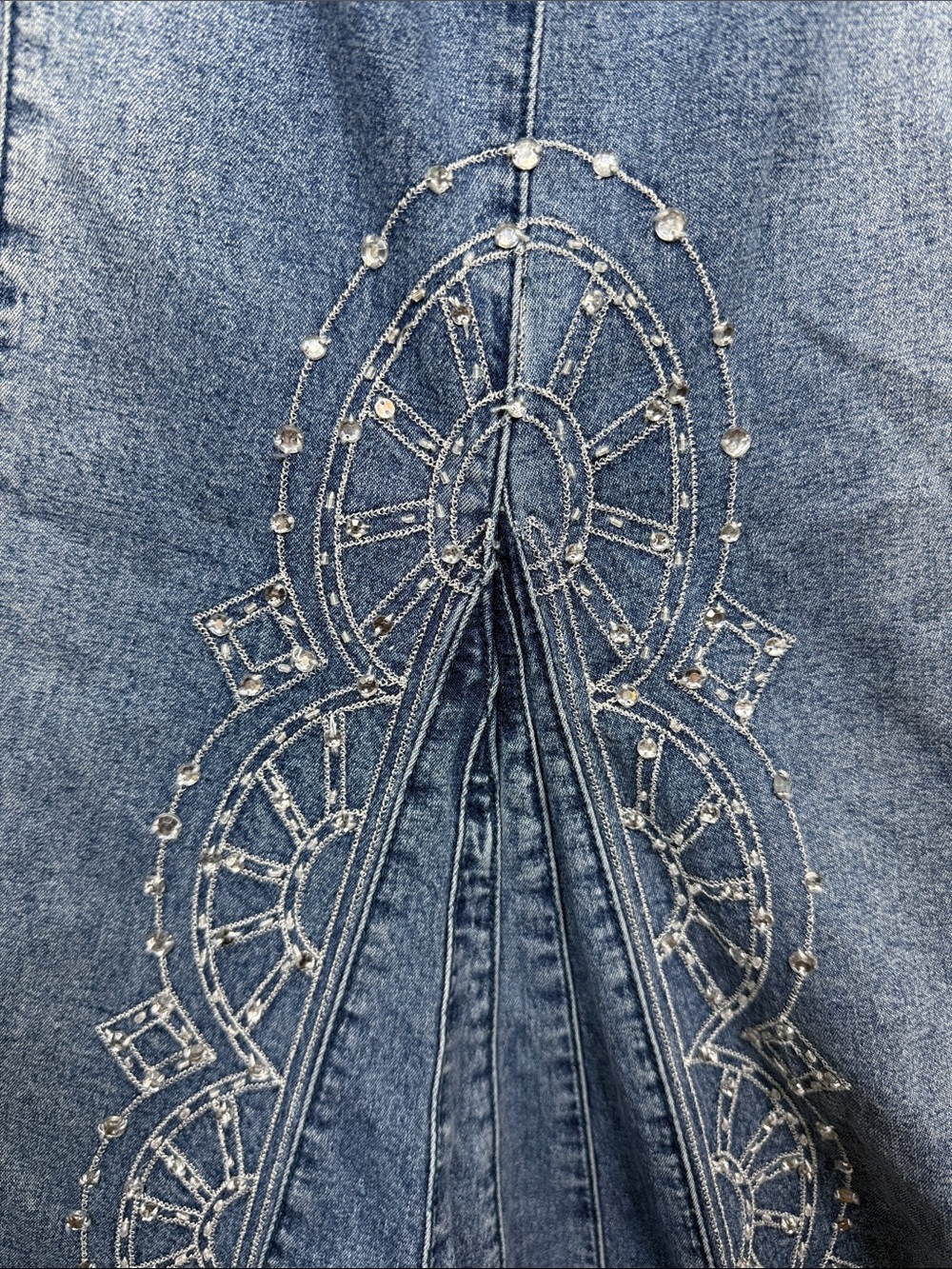 Midnight Velvet Vintage Long Denim Bedazzled  Mermaid Jean Y2K Skirt W2543 Sz L - Picture 7 of 8